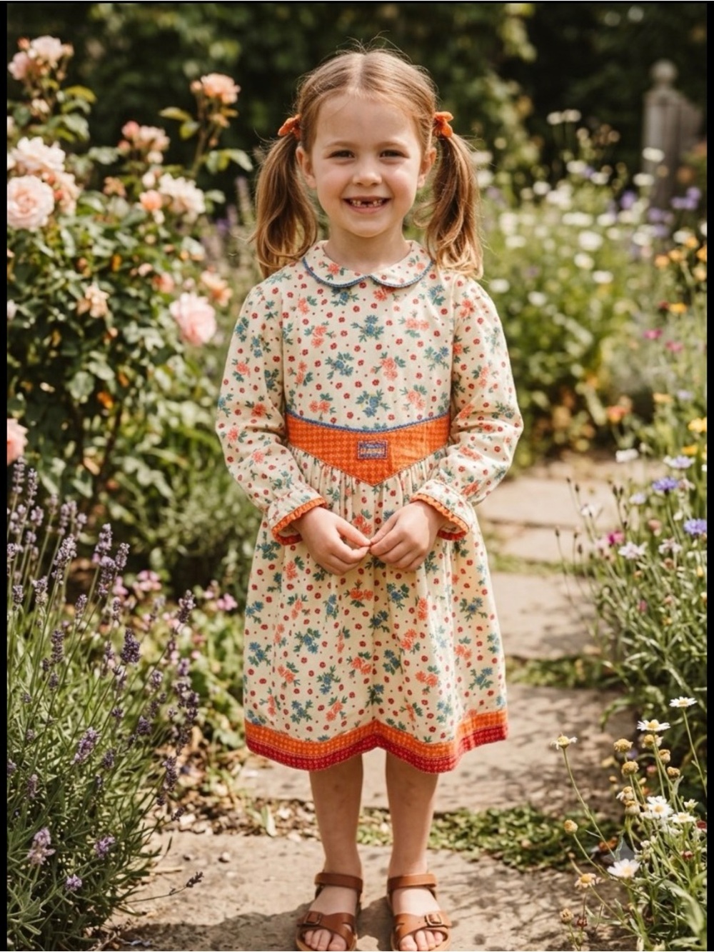 Vintage Cake Walk Girls Cream Floral Peter Pan Collar Long-Sleeve Dress Sz 116/6